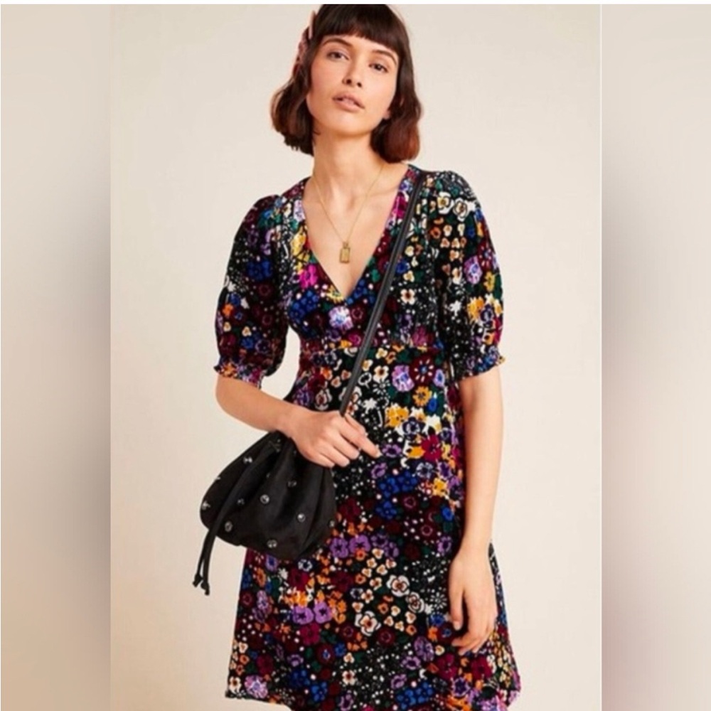 Anthropologie Francie Multicolor Floral Velvet Mini Dress Size 8